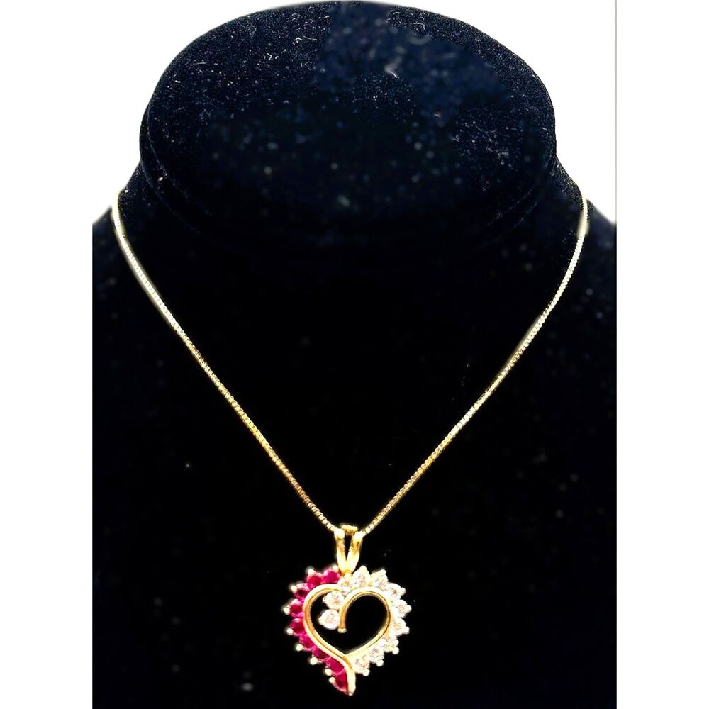Fine 925 Sterling Silver Vermeil CZ Lab Ruby Heart Pendant 20" Necklace 6.6g